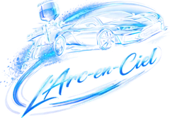 Logo de la Carrosserie L’Arc en Ciel : un pistolet à peinture et une voiture de sport dans un arc de lumière bleue